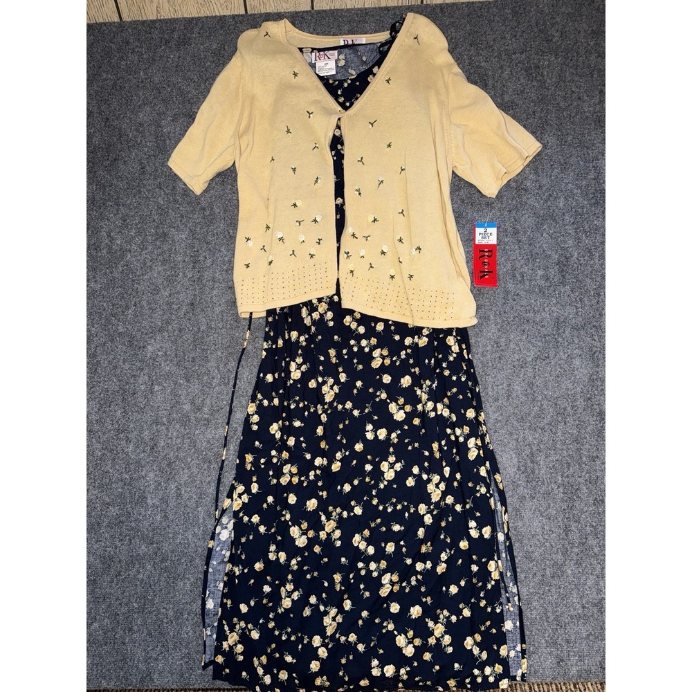 Vintage 2 piece floral dress & cardigan set cottagecore yellow size 14W NWT